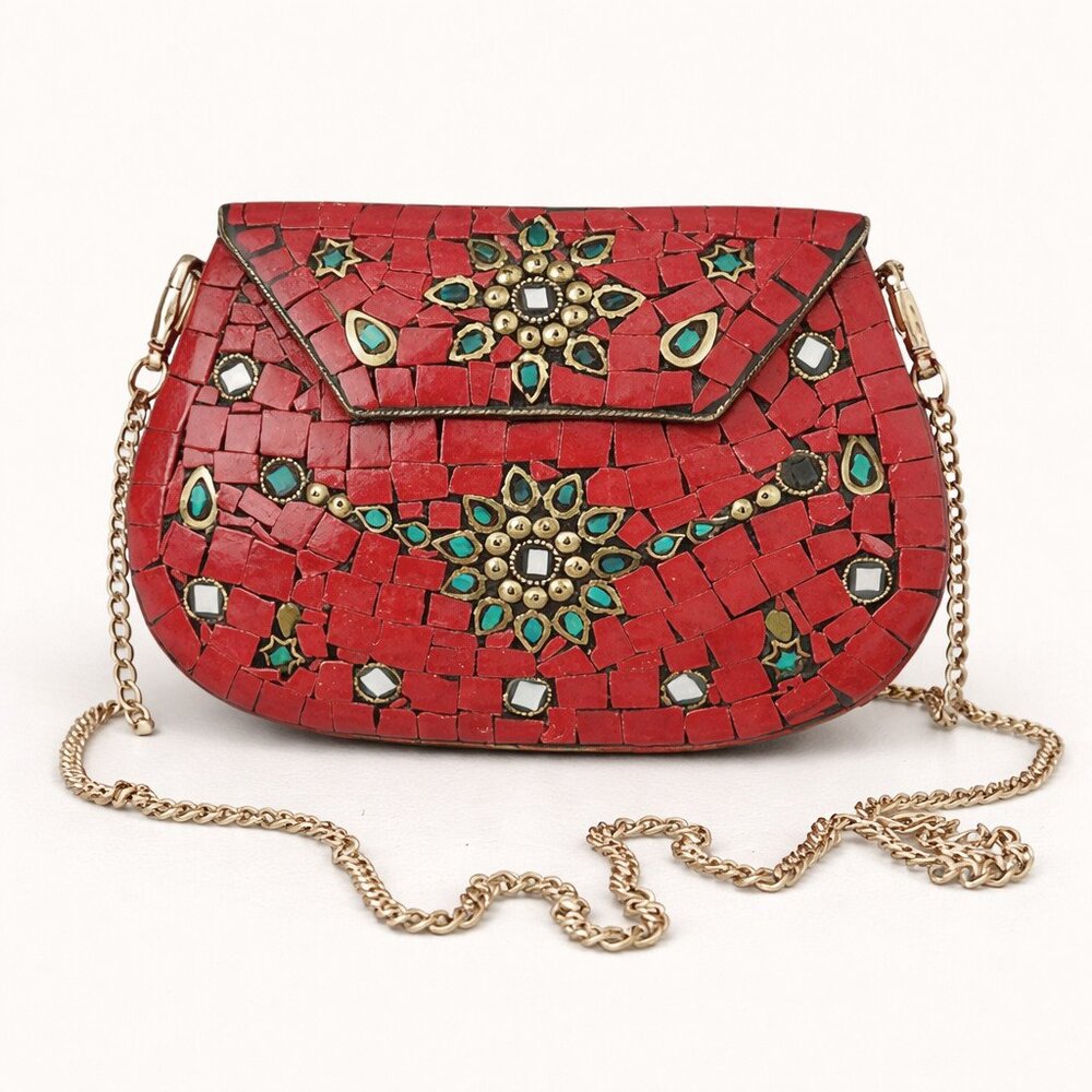 RAMLA Moroccan Mosaic Clutch – Red & Gold w/ Inlay Design - Handmade NWOT